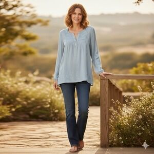 Sundance Boho Embroidered Cotton Tunic Top Blue Pintuck Long Sleeve XL